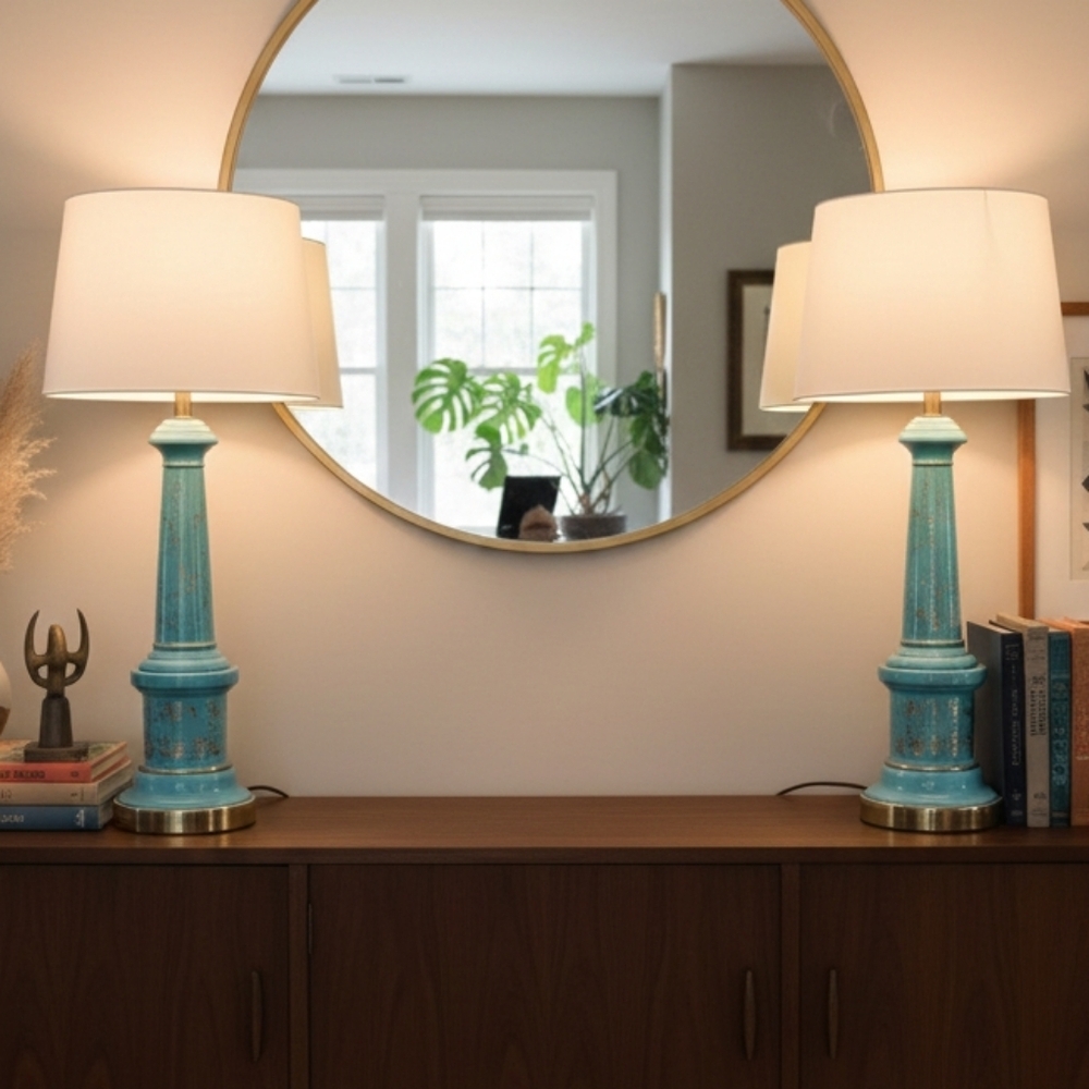Pair Vintage Turquoise/Aqua Ceramic Table Lamps Gold Splatter MCM 1950s 22"